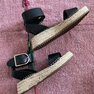 Woven Platform Black Leather Sandals with Ankle Strap